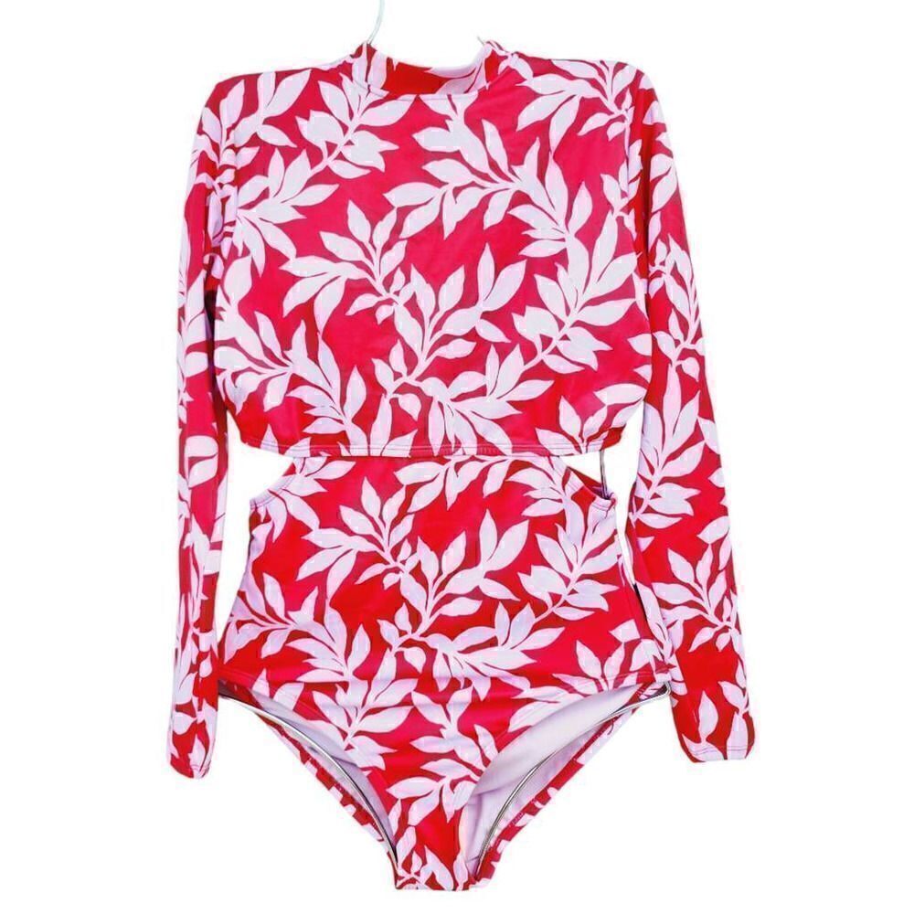 Aqua Tech Womens Monokini Swimsuit Multicolor Floral Long Sleeve High Neck M New
